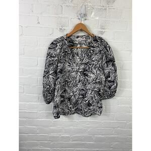 Secular Women's Tropical Print V-Neck Blouse Puff Sleeve Black/White Size Small